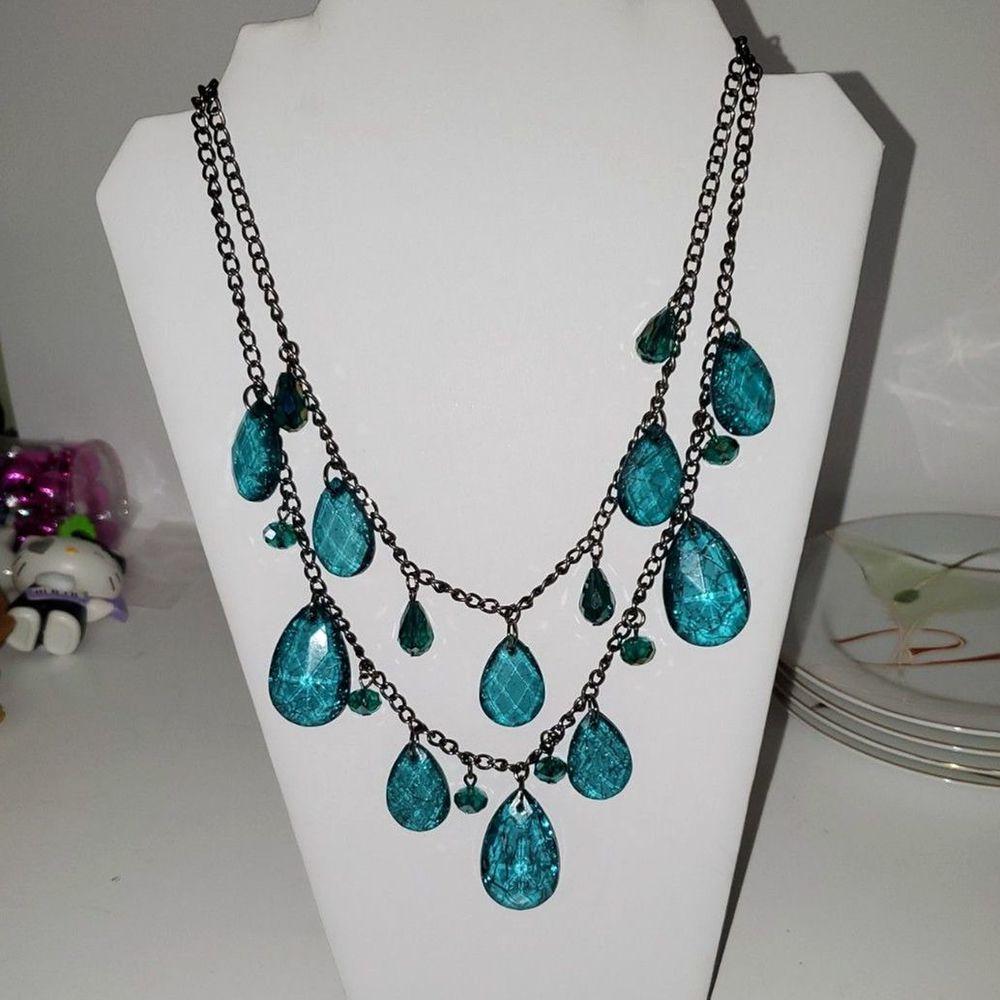 Acrylic Teal Blue Women's Layered Necklace AB Beads Chain Costume Jewelry